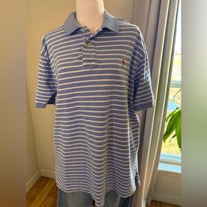 Ralph Lauren Blue and White Striped Polo Shirt with Red horse Logo